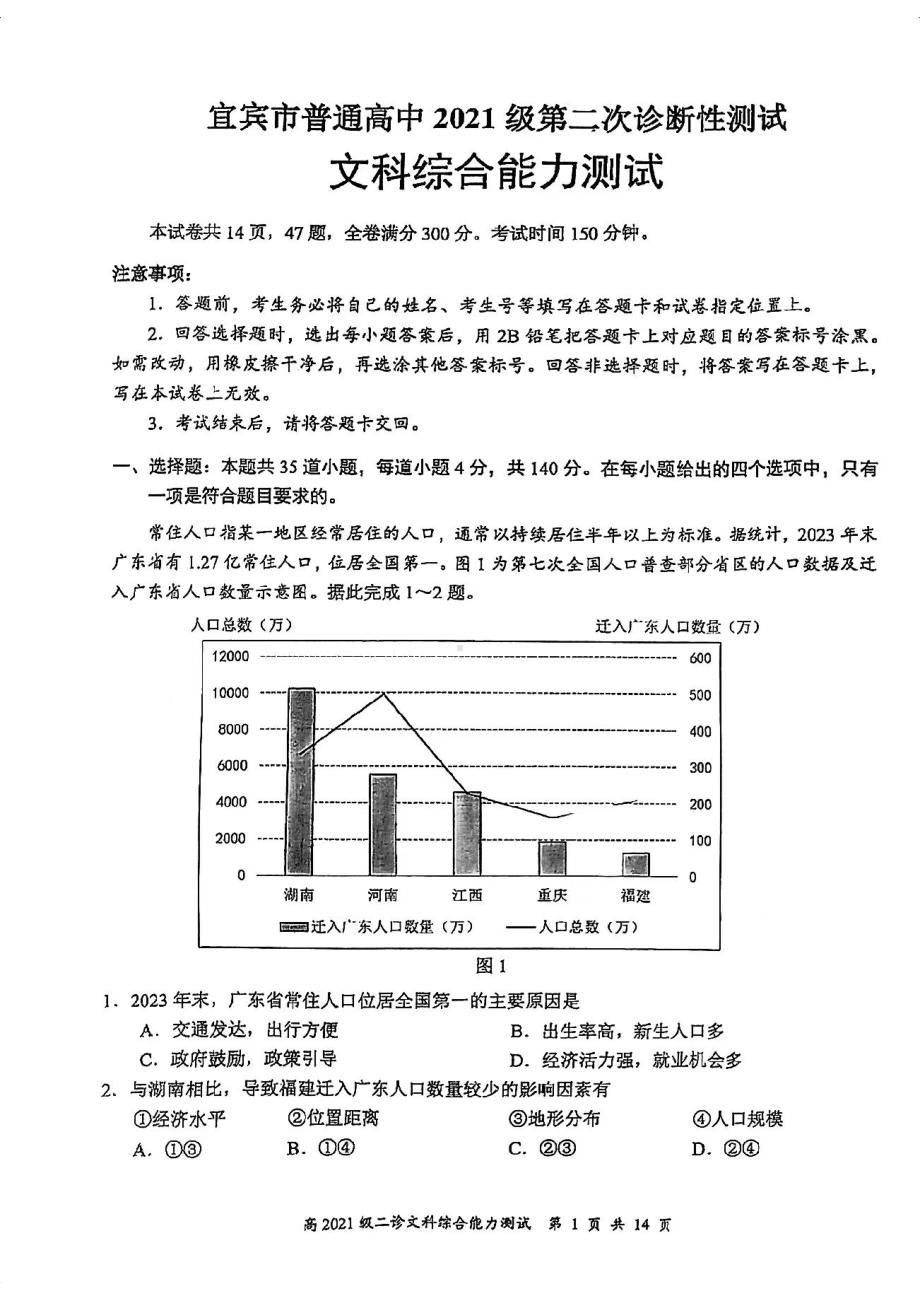 四川省宜宾市2024届高三第二次诊断性测试文科综合试卷.pdf_第1页