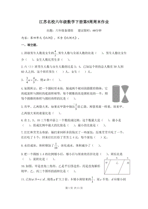 江苏名校六年级数学下册第5周周末作业及答案.pdf