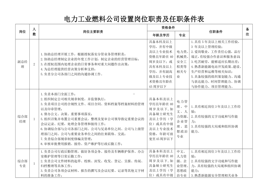 电力工业燃料公司设置岗位职责及任职条件表.docx_第1页