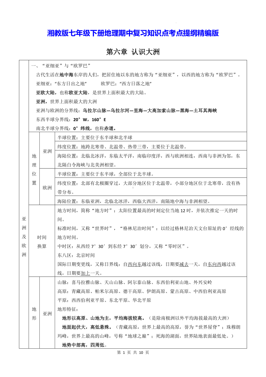 湘教版七年级下册地理期中复习知识点考点提纲精编版（实用！）.docx_第1页