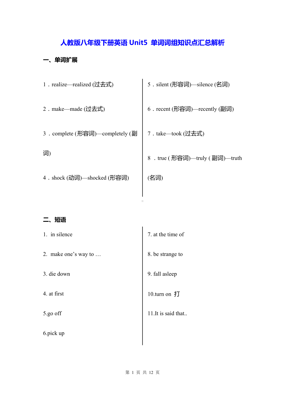 人教版八年级下册英语Unit5 单词词组知识点汇总解析.docx_第1页