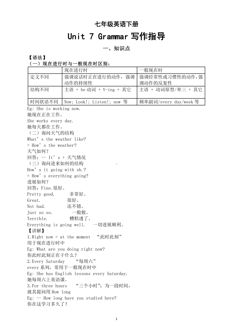 初中英语人教新目标七年级下册Unit 7 Grammar写作指导（知识点+练习题）.doc_第1页