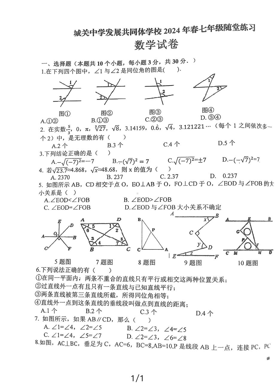 四川省广安市岳池县城关中学2023-2024学年下学期七年级随堂练习数学试卷 - 副本.pdf_第1页