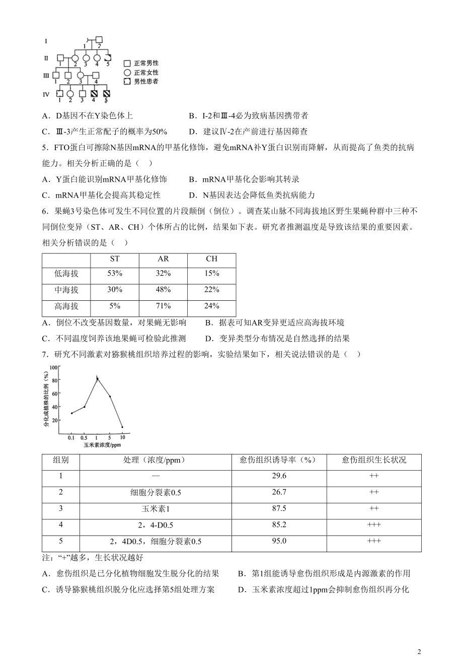 北京市西城区2024届高三下学期4月一模试题 生物 Word版含答案.docx_第2页