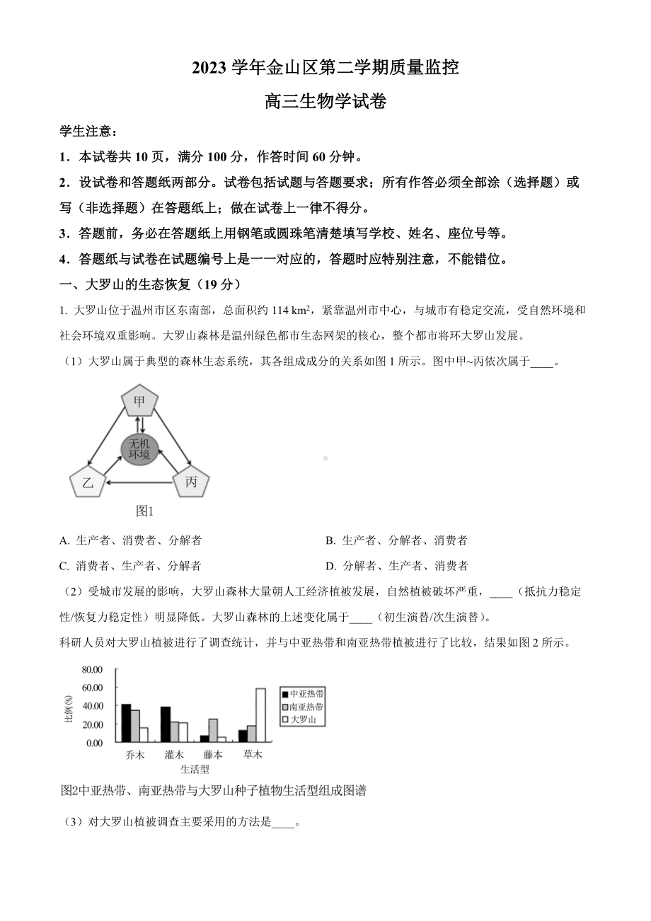 上海市金山区2024届高三下学期二模试题 生物 Word版含解析.docx_第1页