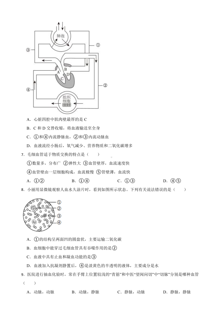 2024年北师大版七年级下学期生物学期中试卷附答案.docx_第2页