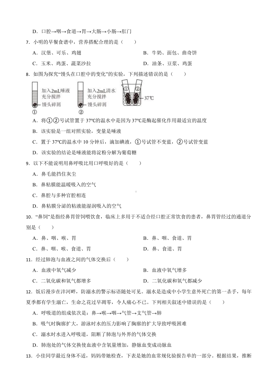 2024年人教版生物学七（下）期中仿真模拟试卷附答案.docx_第2页