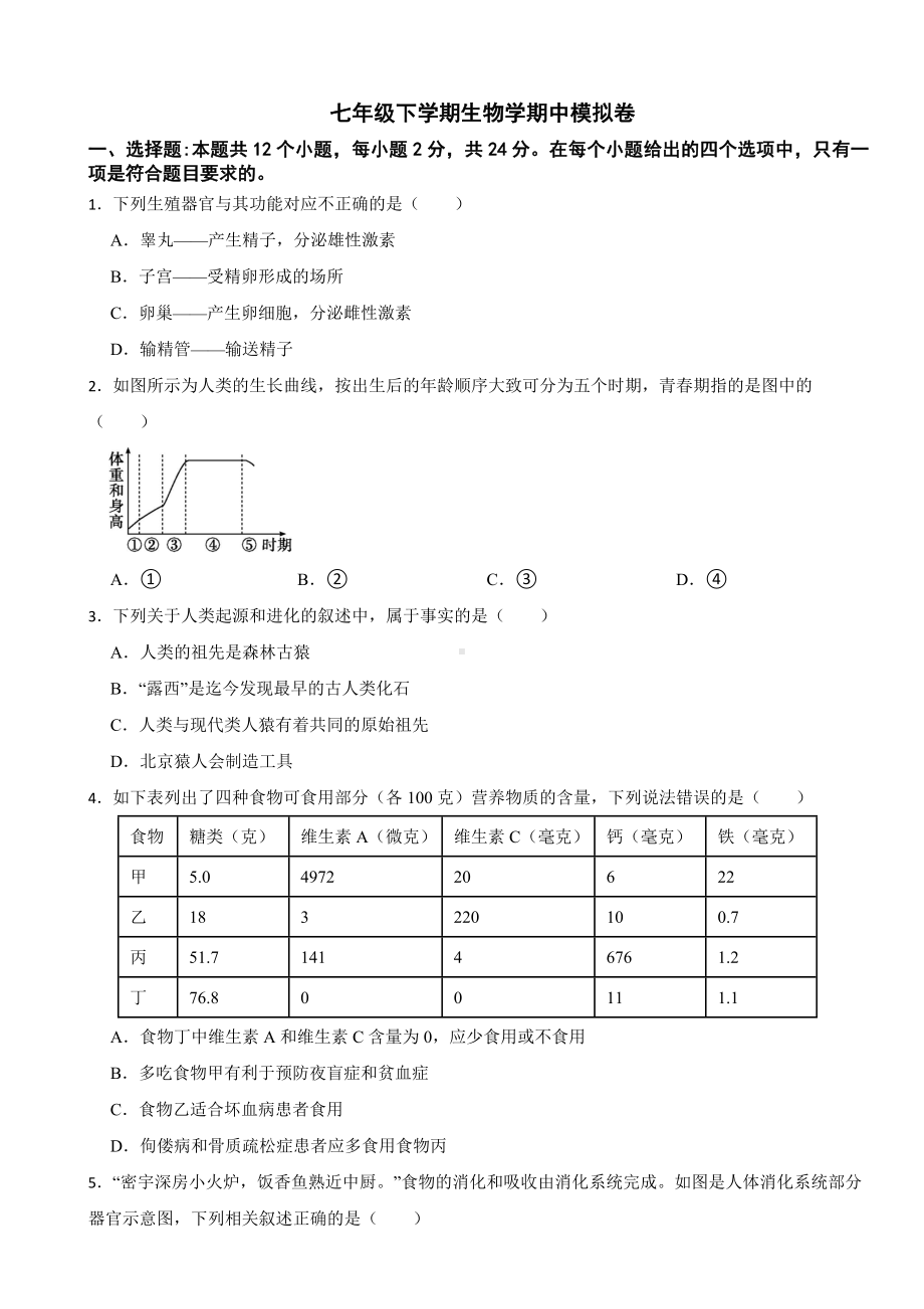 2024年贵州省七年级下学期生物学期中考试试题附答案.docx_第1页