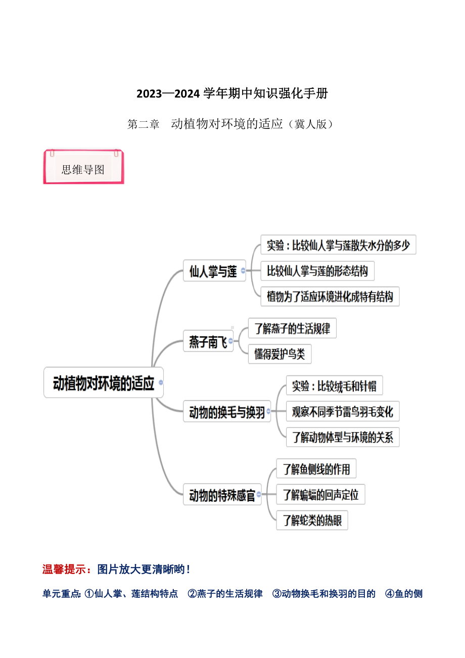 2024新冀人版三年级下册《科学》第二单元 动植物对环境的适应（知识清单）.docx_第1页