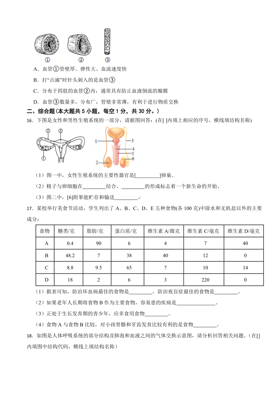 广西南宁市2024年七年级下学期生物期中考试试卷(附答案）.docx_第3页