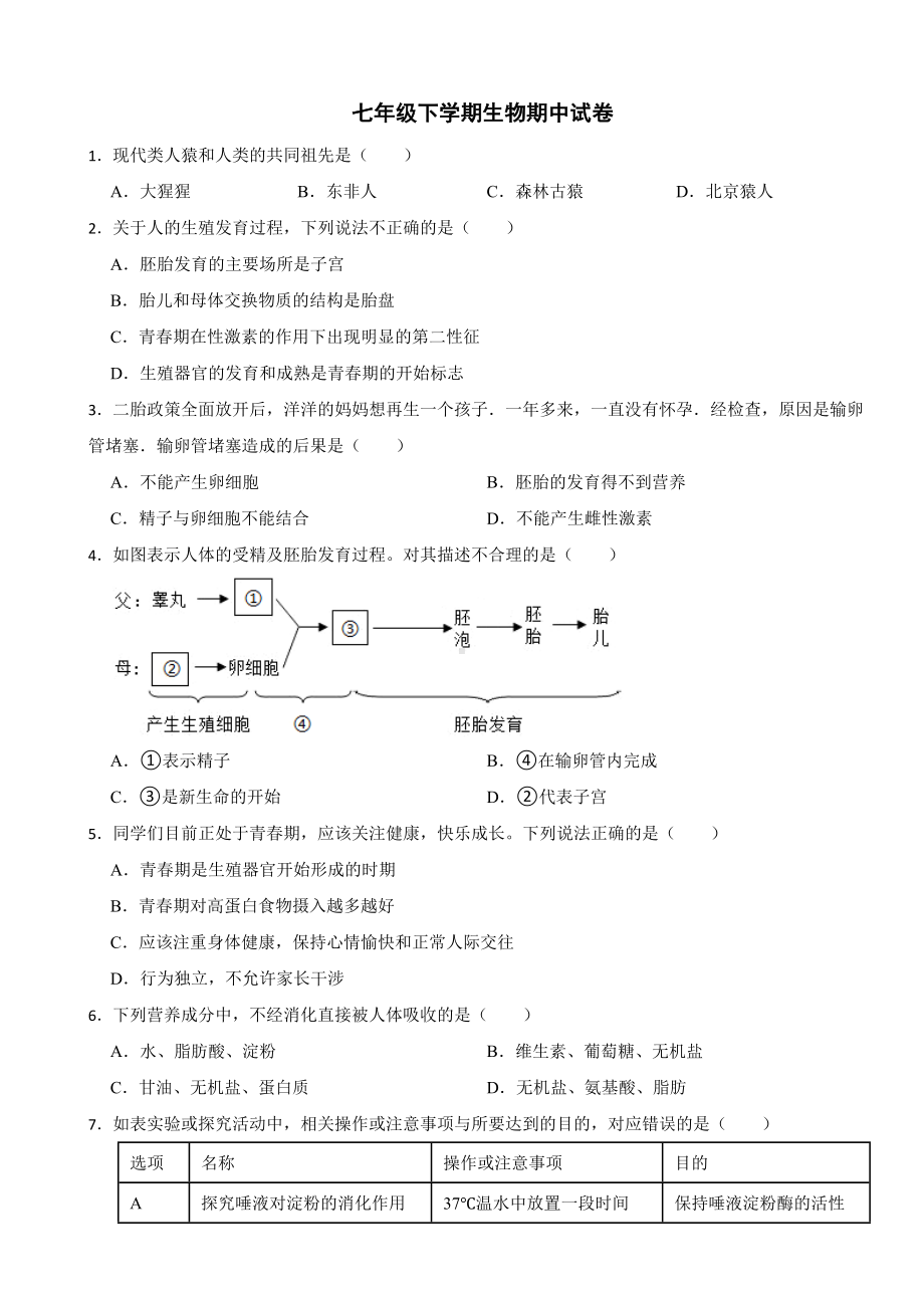 湖南省长沙市2024年七年级下学期生物期中试卷(附答案）.docx_第1页