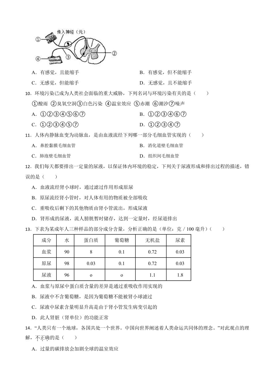 吉林省松原市2024年七年级下学期期中生物试卷及答案.pdf_第2页