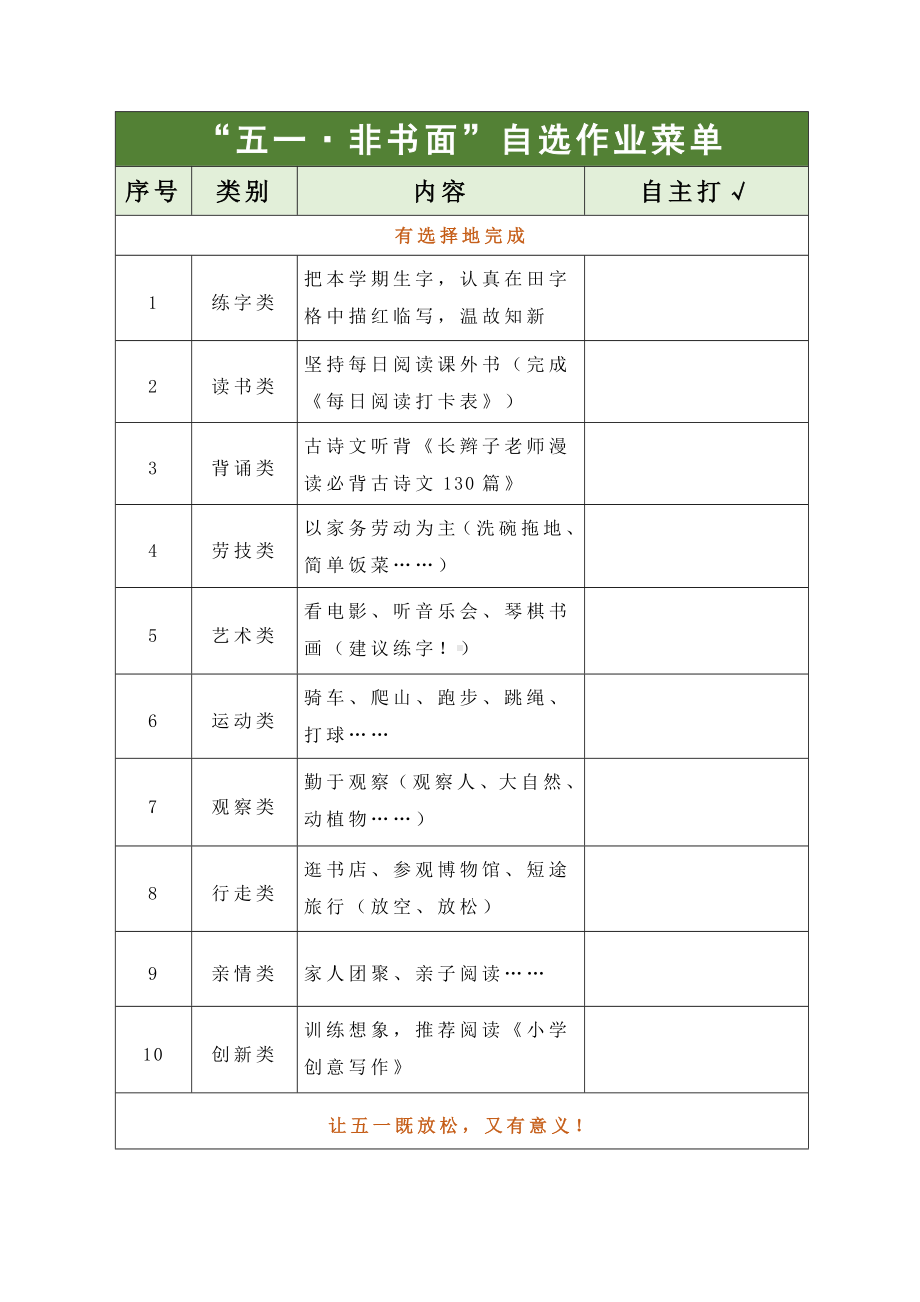 五年级节假日作业：五一非书面作业菜单.doc_第1页