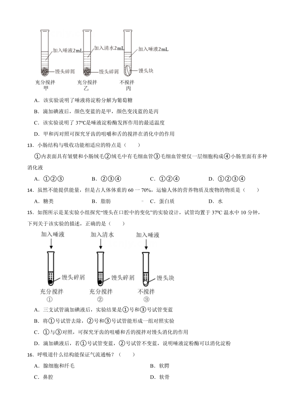 2024年广东省七年级下学期生物学期中考试试卷(附答案）.docx_第3页