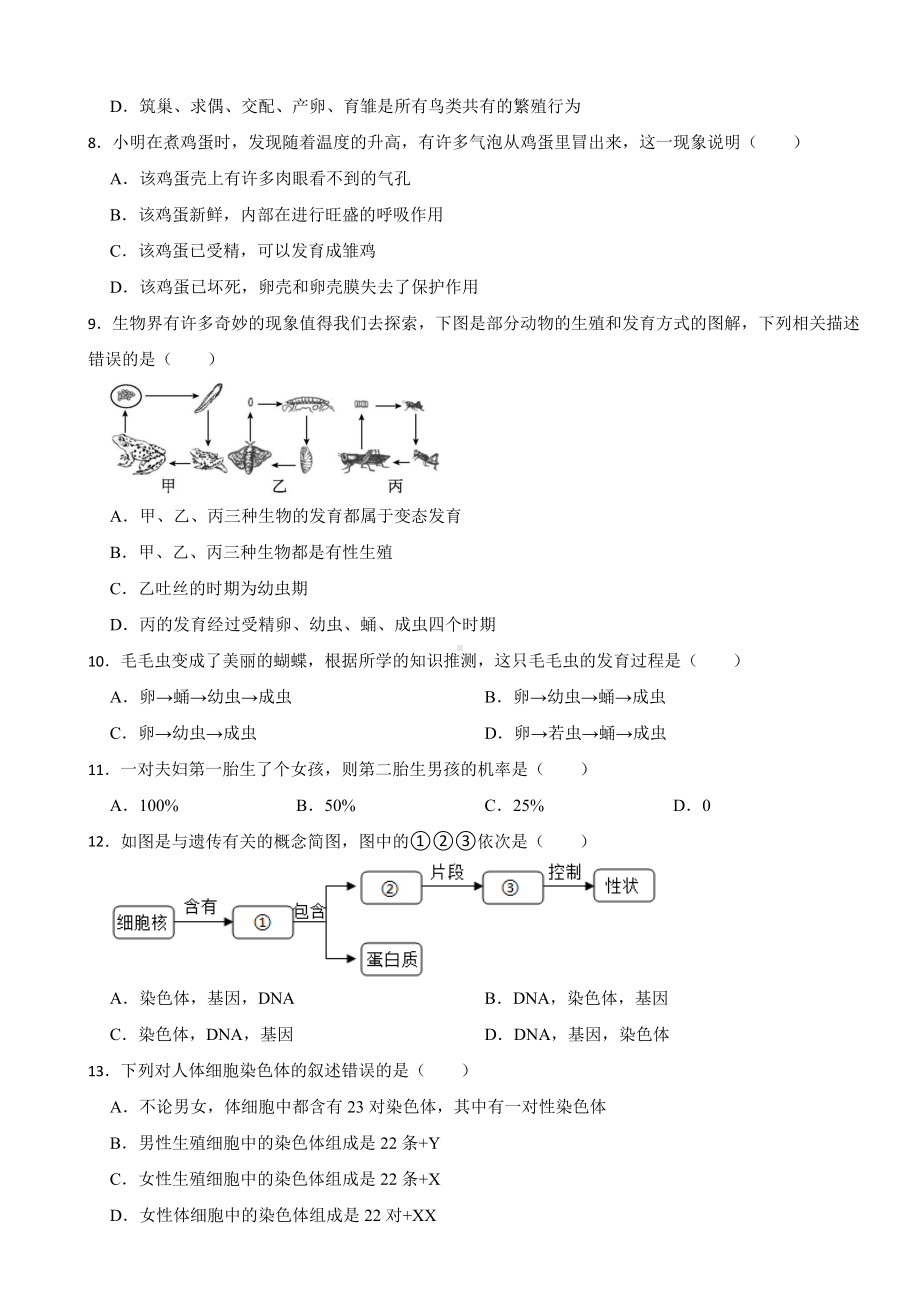 2024年人教版八年级下学期生物学期中试题(附答案）.docx_第2页