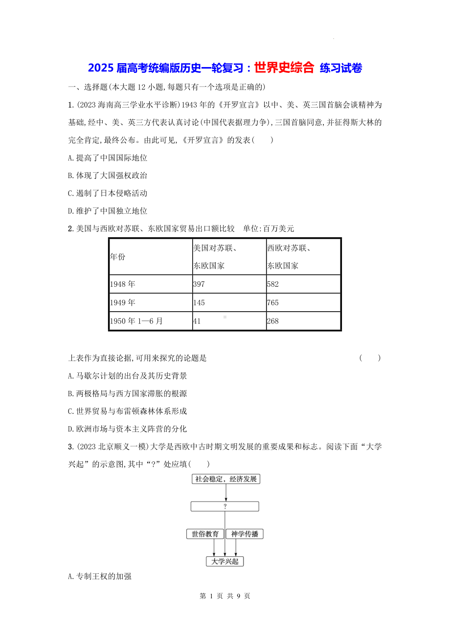 2025届高考统编版历史一轮复习：世界史综合 练习试卷（含答案解析）.docx_第1页