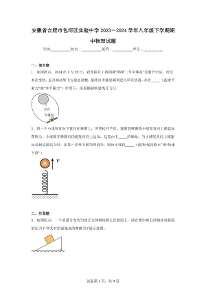 安徽省合肥市包河区实验中学2023－2024学年八年级下学期期中物理试题.doc