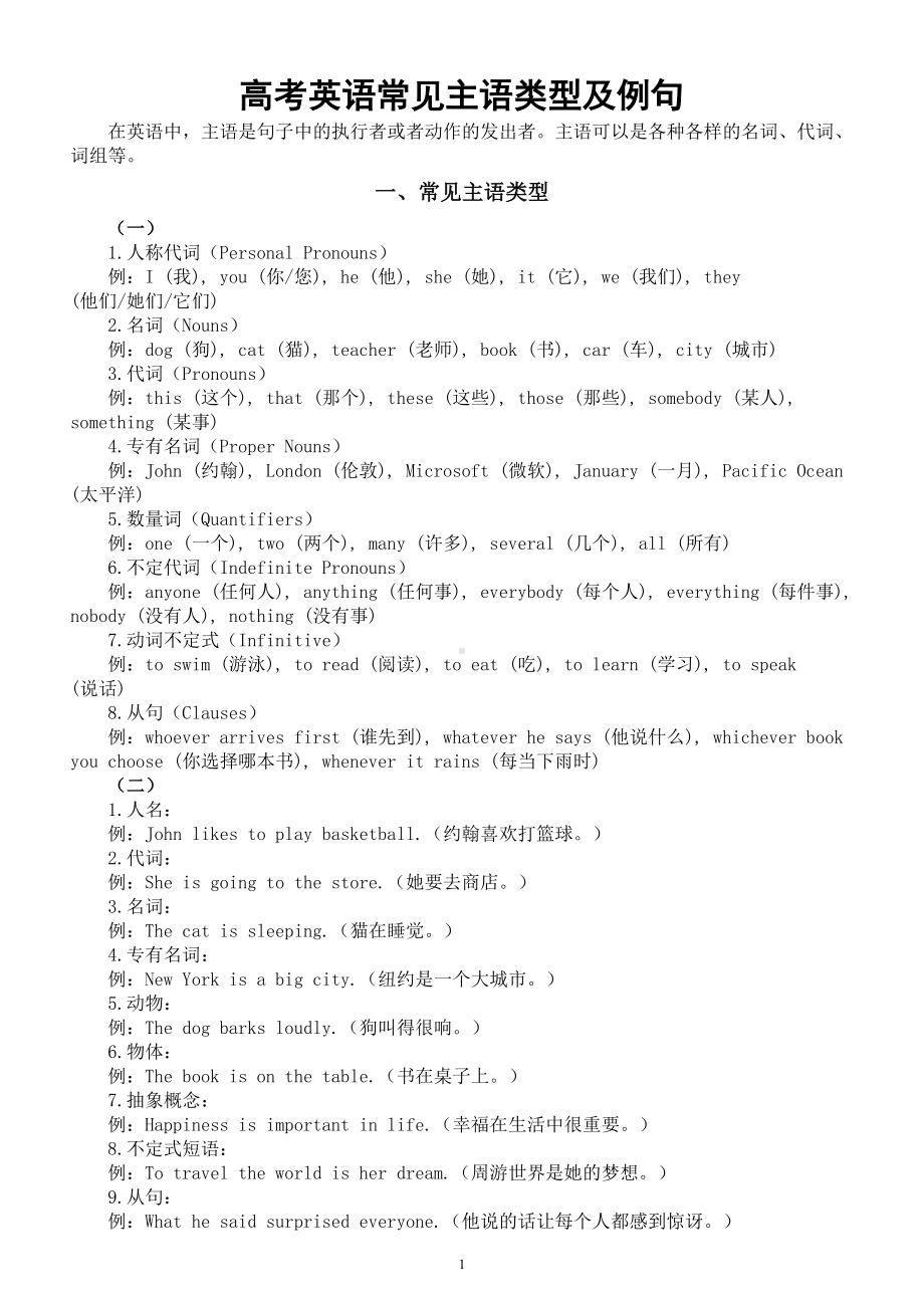 高中英语2024届高考常见主语类型及例句.doc_第1页