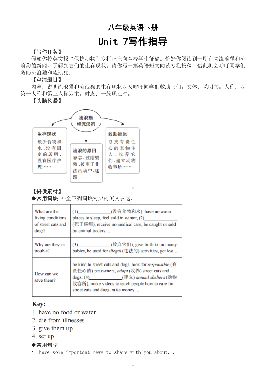 初中英语人教新目标八年级下册Unit 7写作指导（呼吁人们救助流浪猫和流浪狗）.doc_第1页