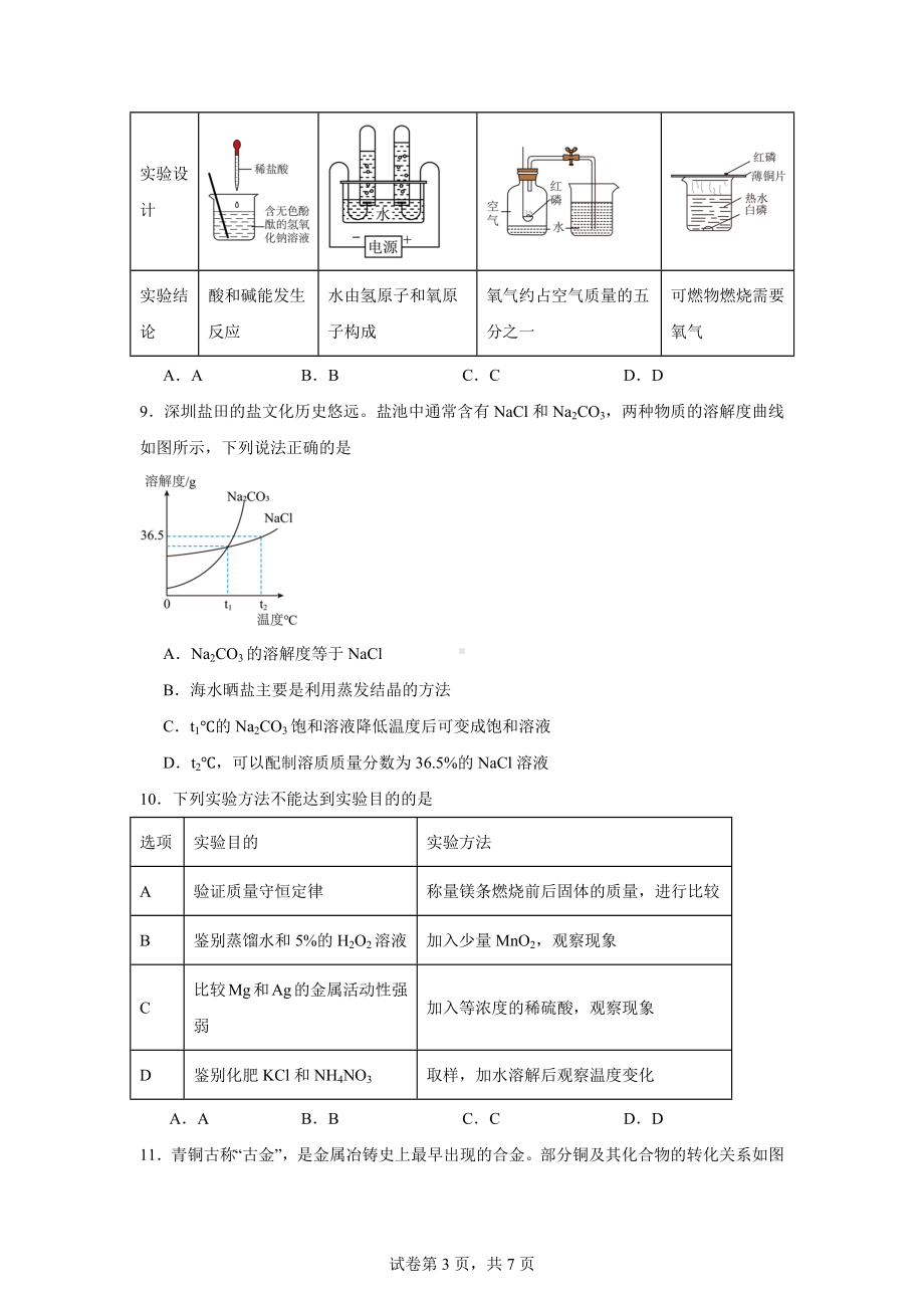 2024年广东省深圳市盐田区九年级教学质量检测一模化学试题.doc_第3页