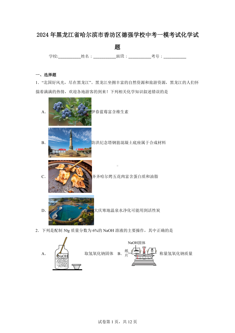 2024年黑龙江省哈尔滨市香坊区德强学校中考一模考试化学试题.doc_第1页