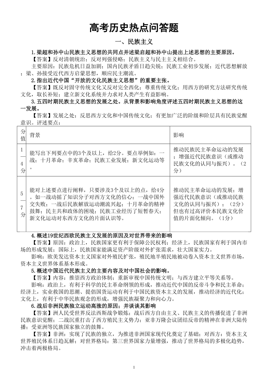 高中历史2024届高考热点问答题（民族主义+时代主题+当代中国）.doc_第1页