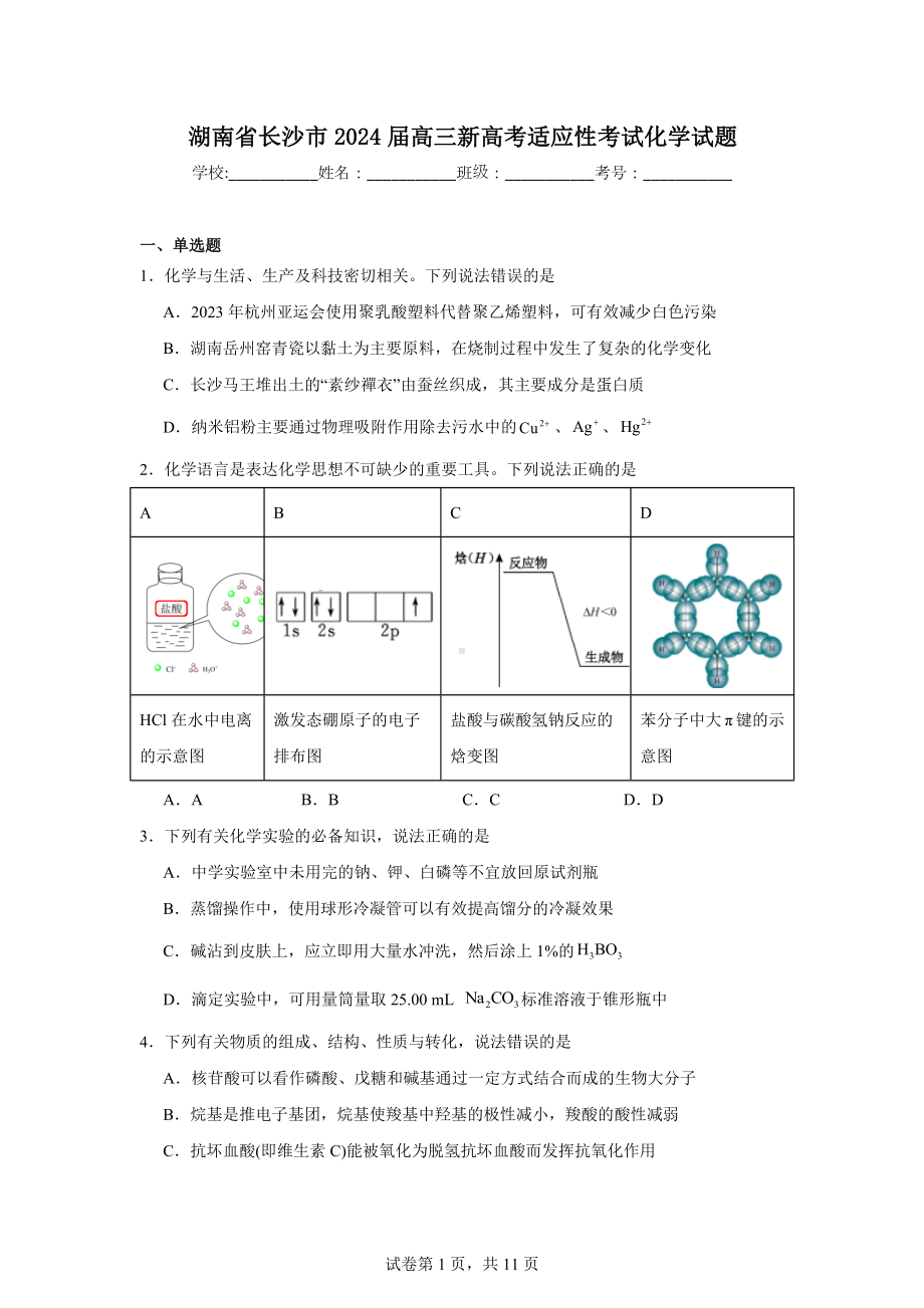 湖南省长沙市2024届高三新高考适应性考试化学试题.doc_第1页