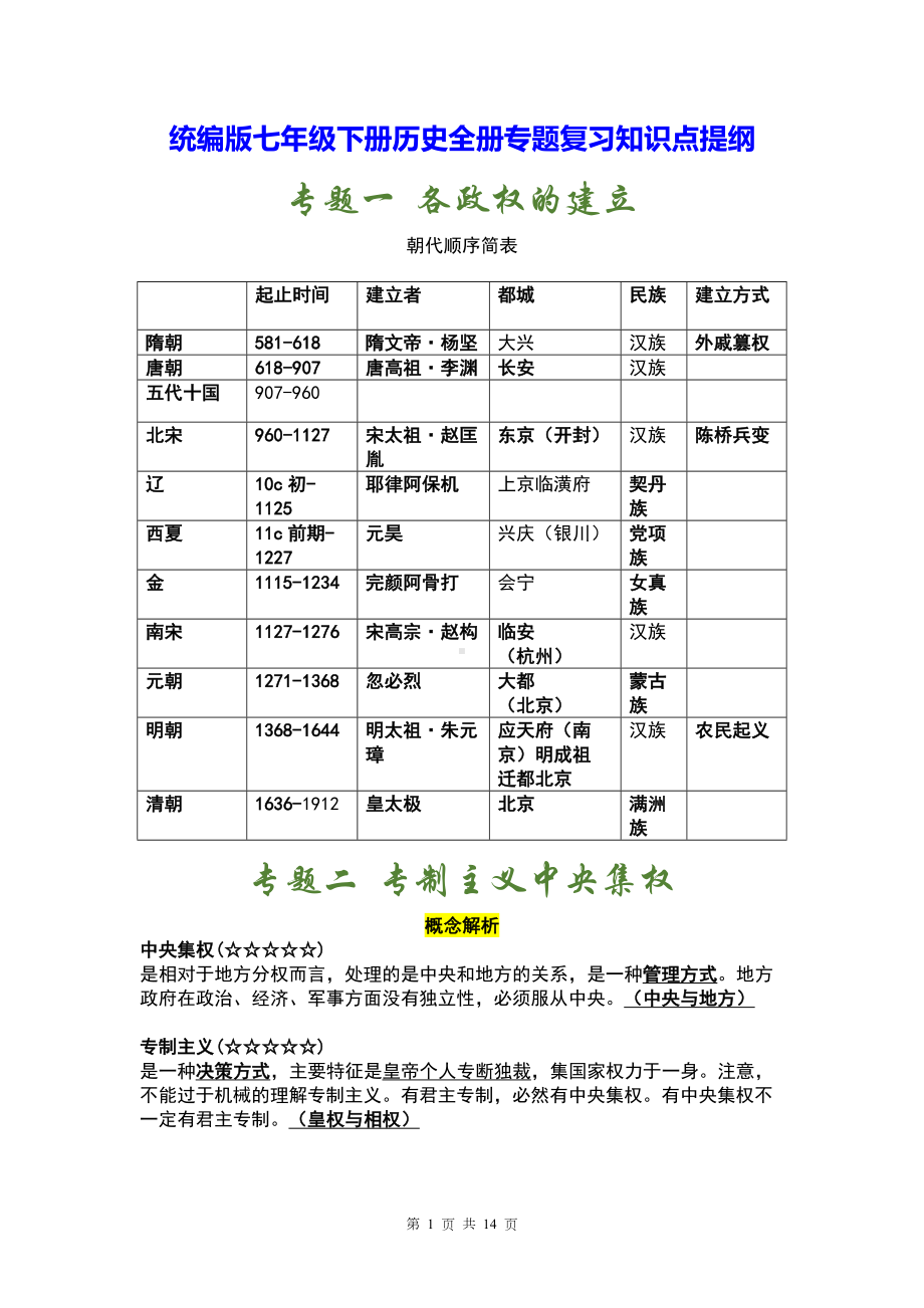 统编版七年级下册历史全册专题复习知识点提纲（实用！）.docx_第1页