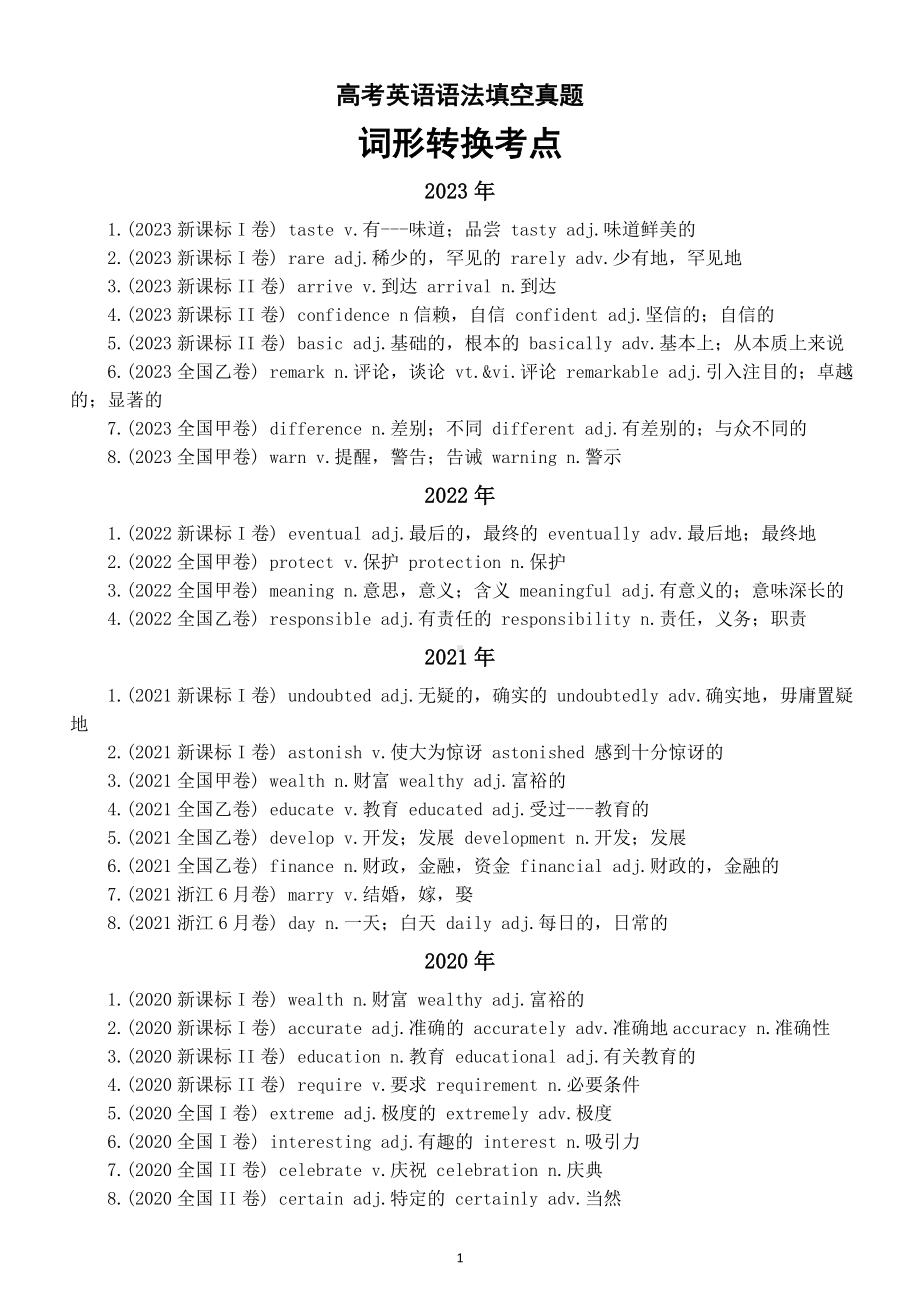 高中英语2024届高考语法填空真题词形转换考点汇总（2017-2023）.doc_第1页