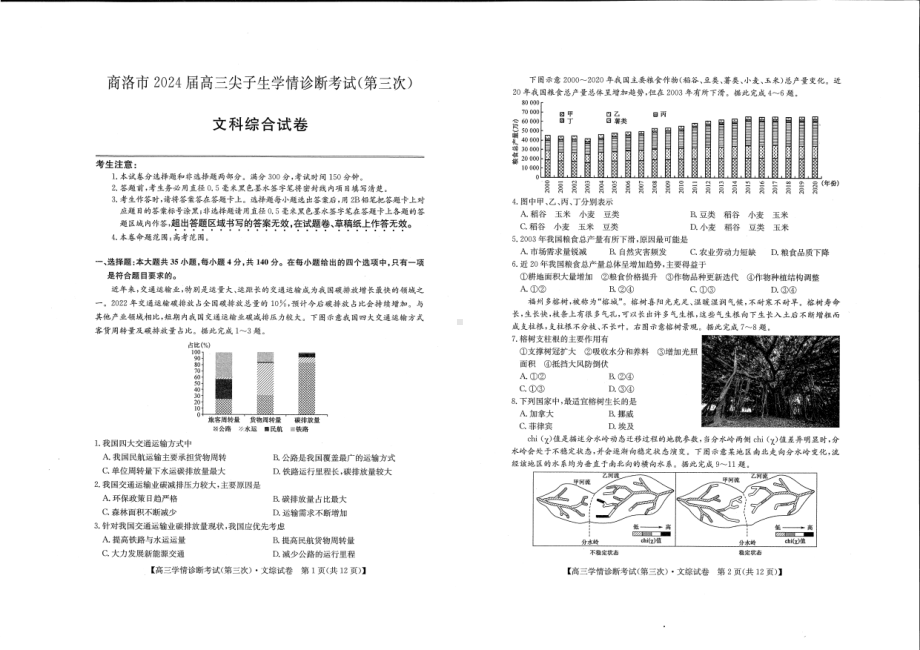 2024届陕西省商洛市高三下学期第三次尖子生学情诊断考试文综试题 - 副本.pdf_第1页