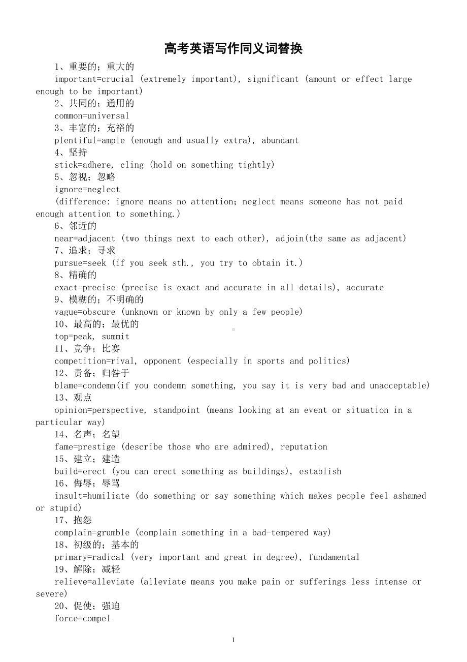 高中英语2024届高考写作同义词替换2（共120组）.doc_第1页