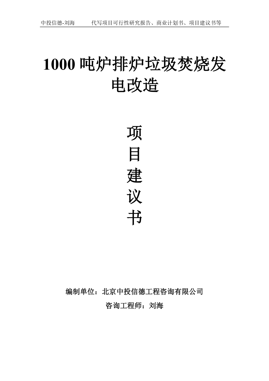 1000吨炉排炉垃圾焚烧发电改造项目建议书-写作模板.doc_第1页