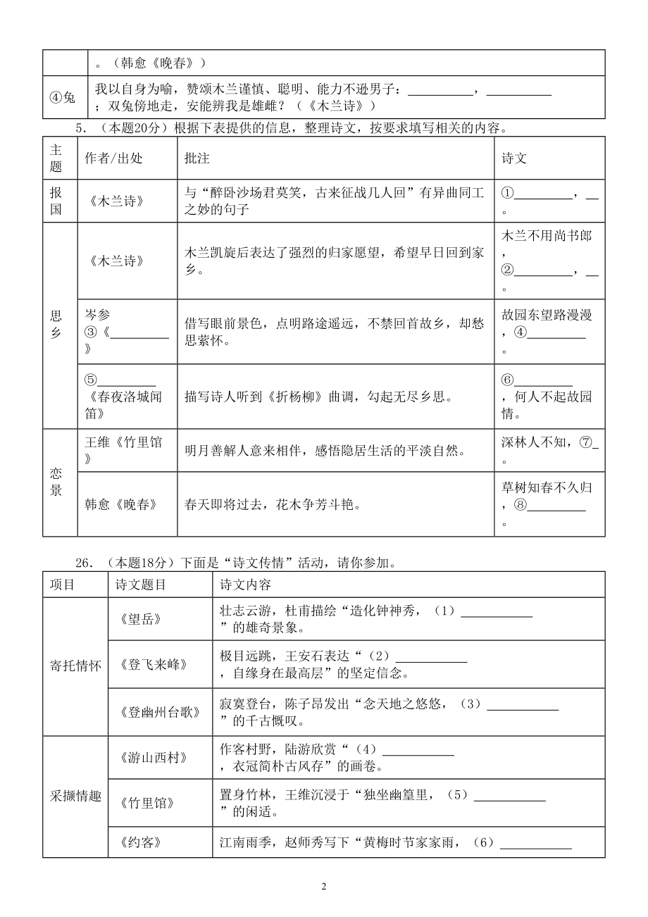 初中语文部编版七年级下册名句名篇默写练习0528（附参考答案）.doc_第2页