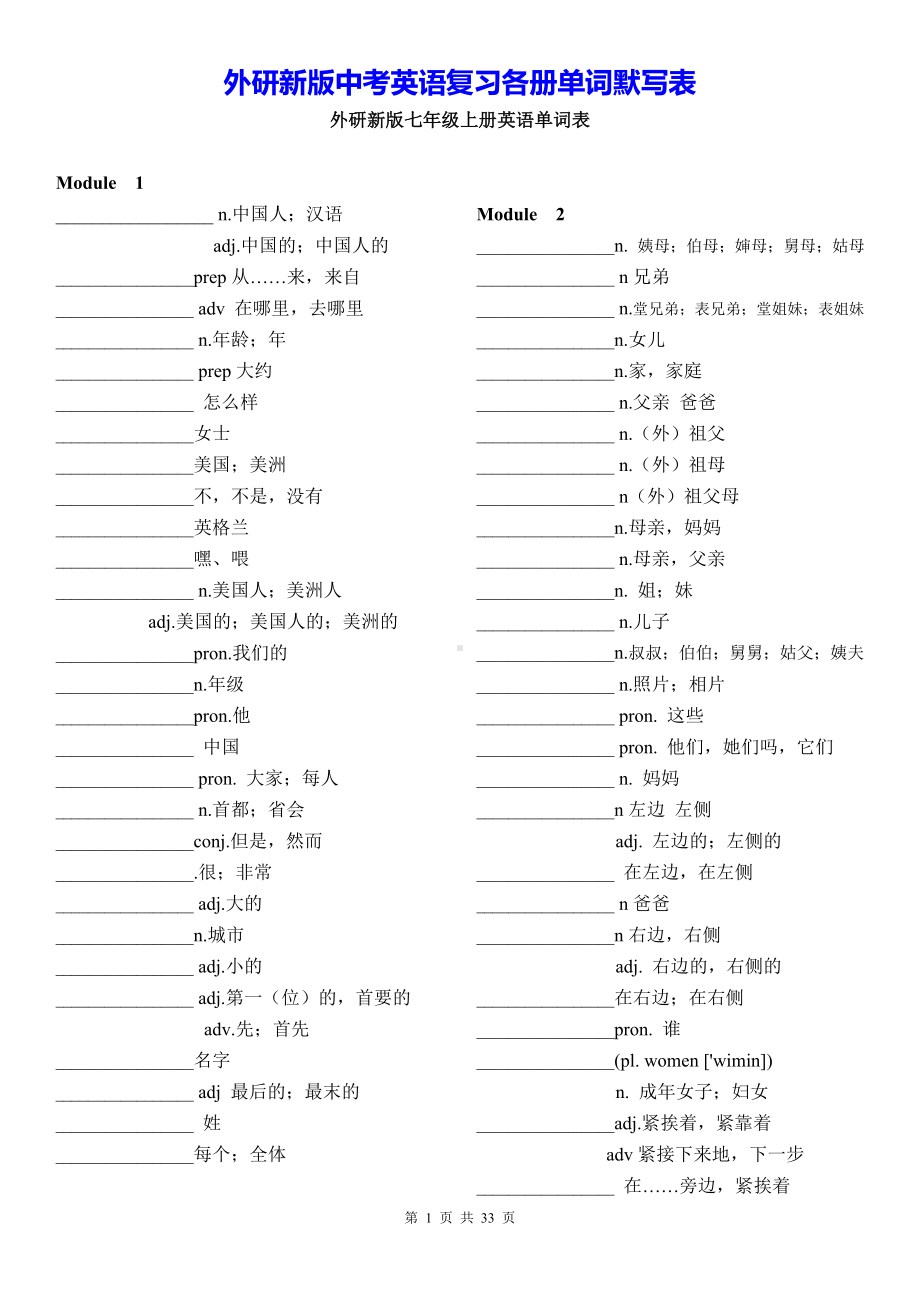 外研新版中考英语复习各册单词默写表.docx_第1页