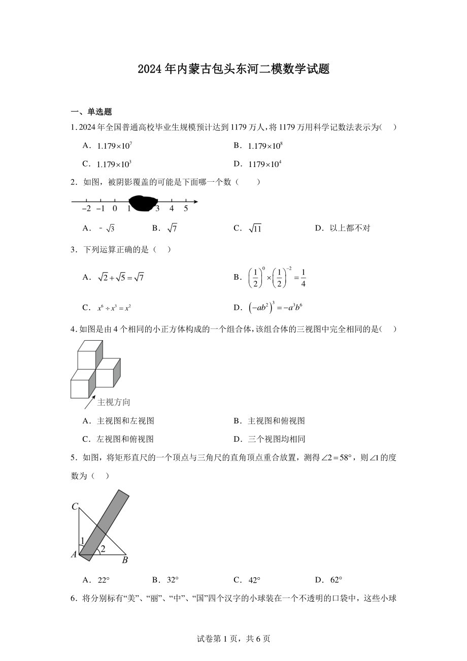 2024年内蒙古包头东河二模数学试题.pdf_第1页