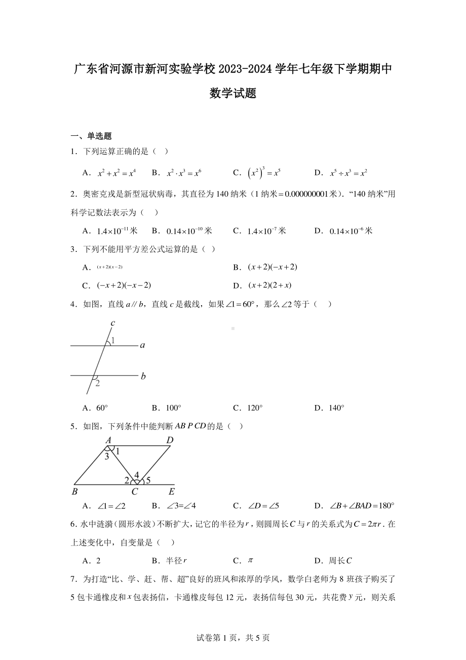 广东省河源市新河实验学校2023-2024学年七年级下学期期中数学试题.pdf_第1页