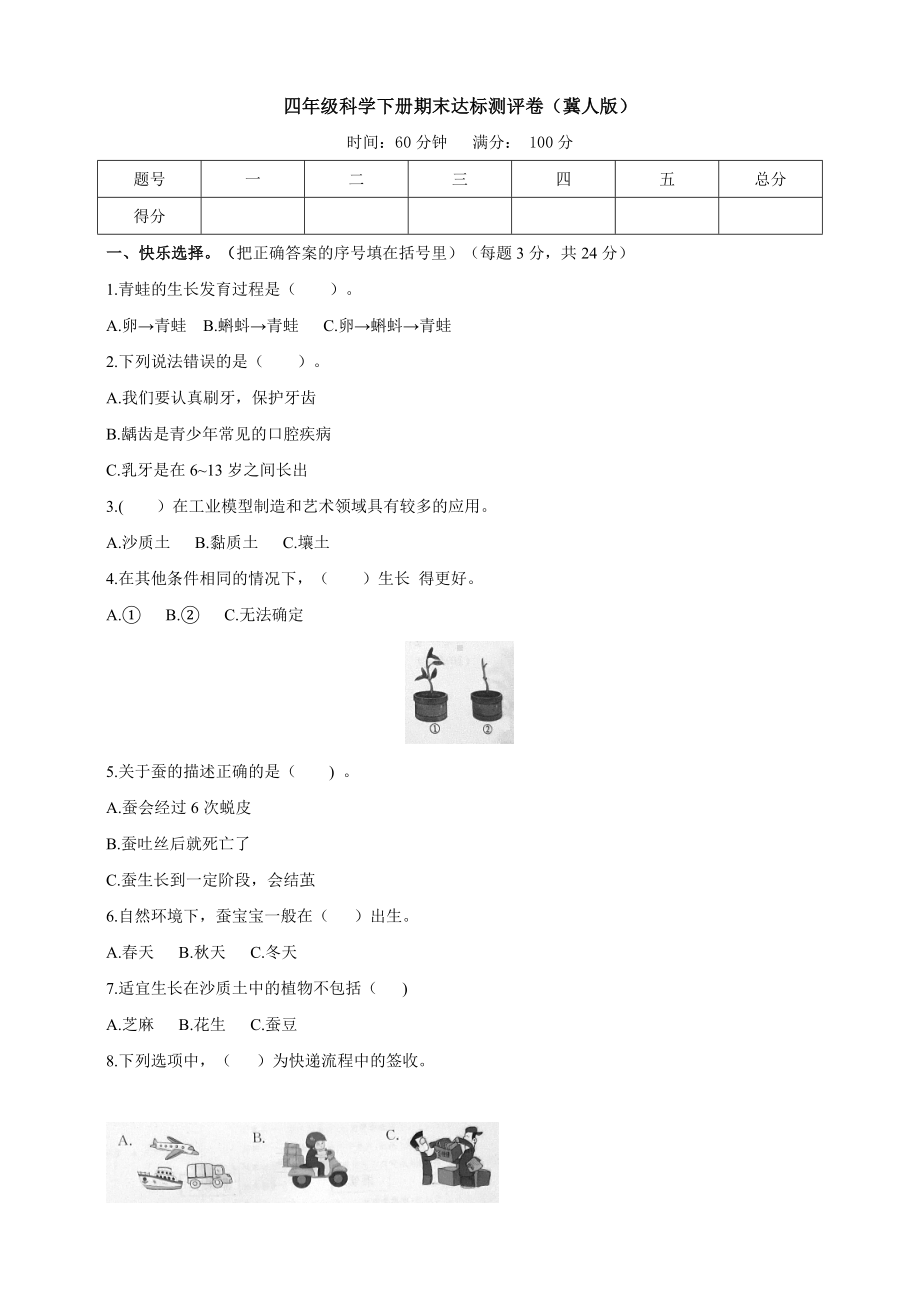 2024新冀人版四年级下册《科学》期末复习测评卷（含答案）.docx_第1页