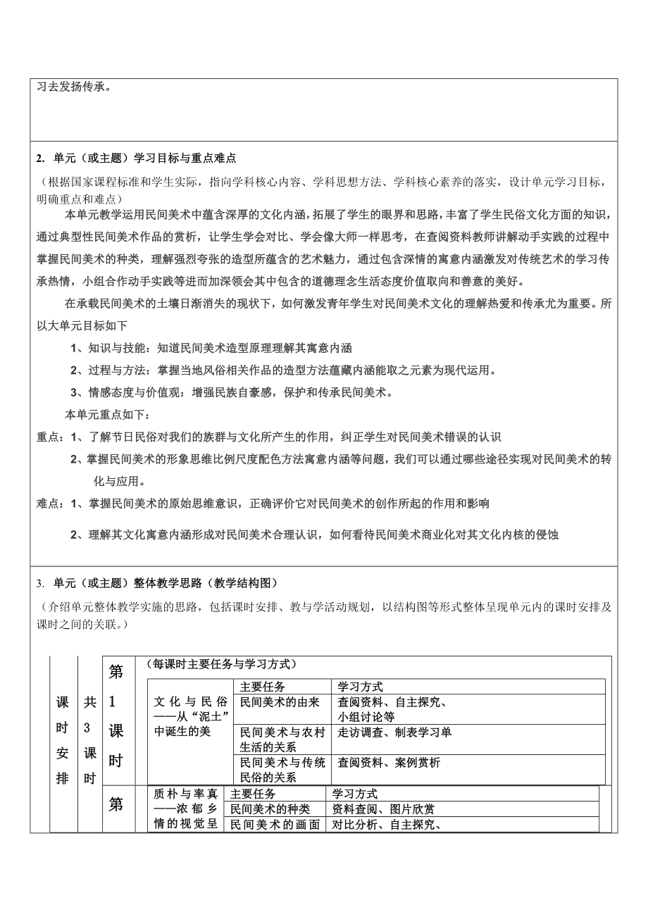 第5单元 淳朴之情-民间美术 单元教案（表格式共3课时）-2024新人美版（2019）《高中美术》必修美术鉴赏.docx_第2页