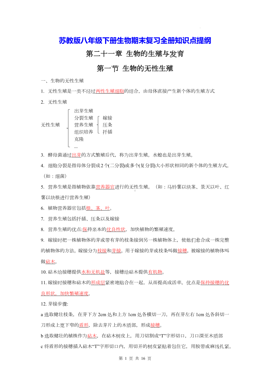 苏教版八年级下册生物期末复习全册知识点提纲（实用必备！）.docx_第1页