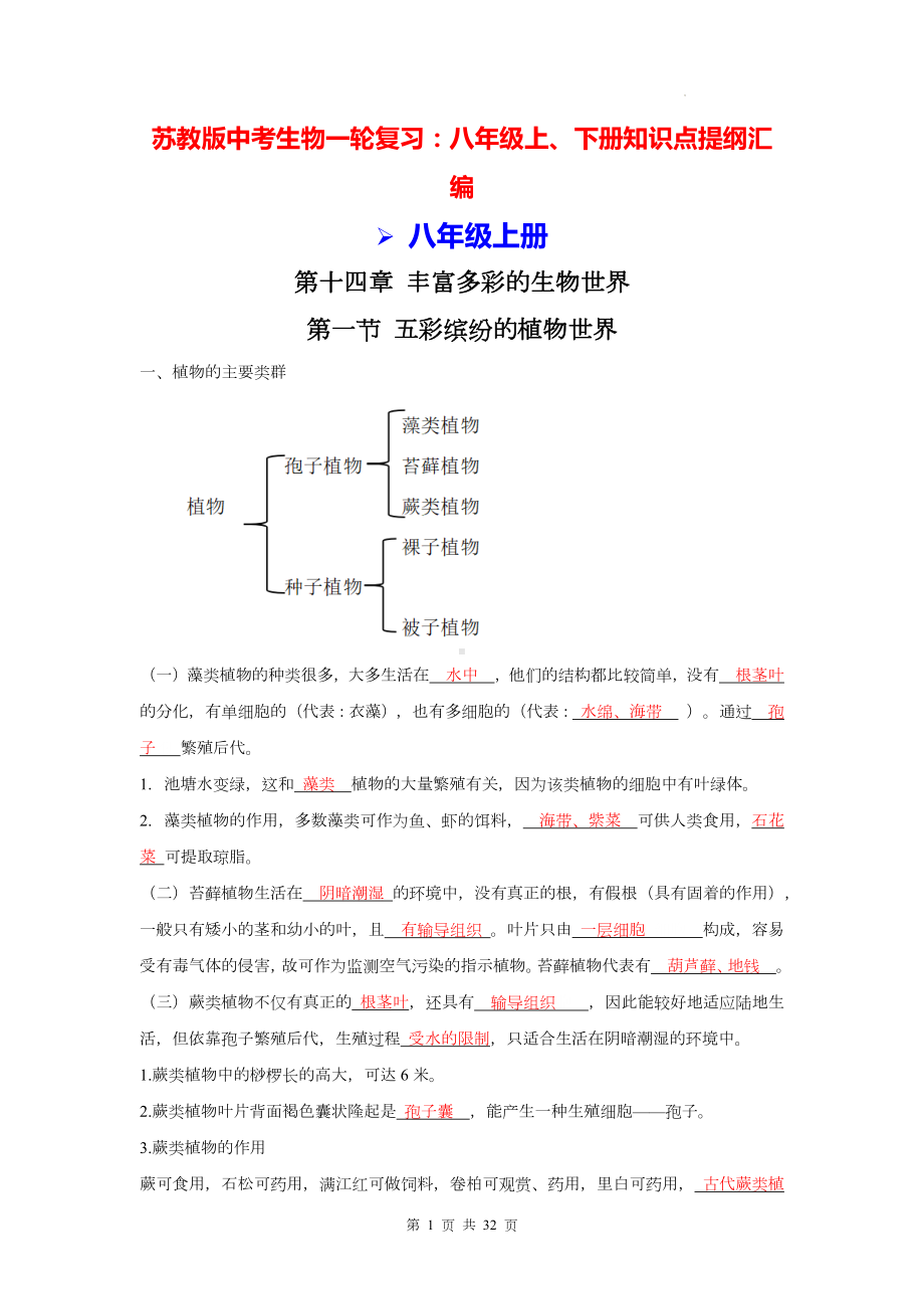 苏教版中考生物一轮复习：八年级上、下册知识点提纲汇编（实用必备！）.docx_第1页