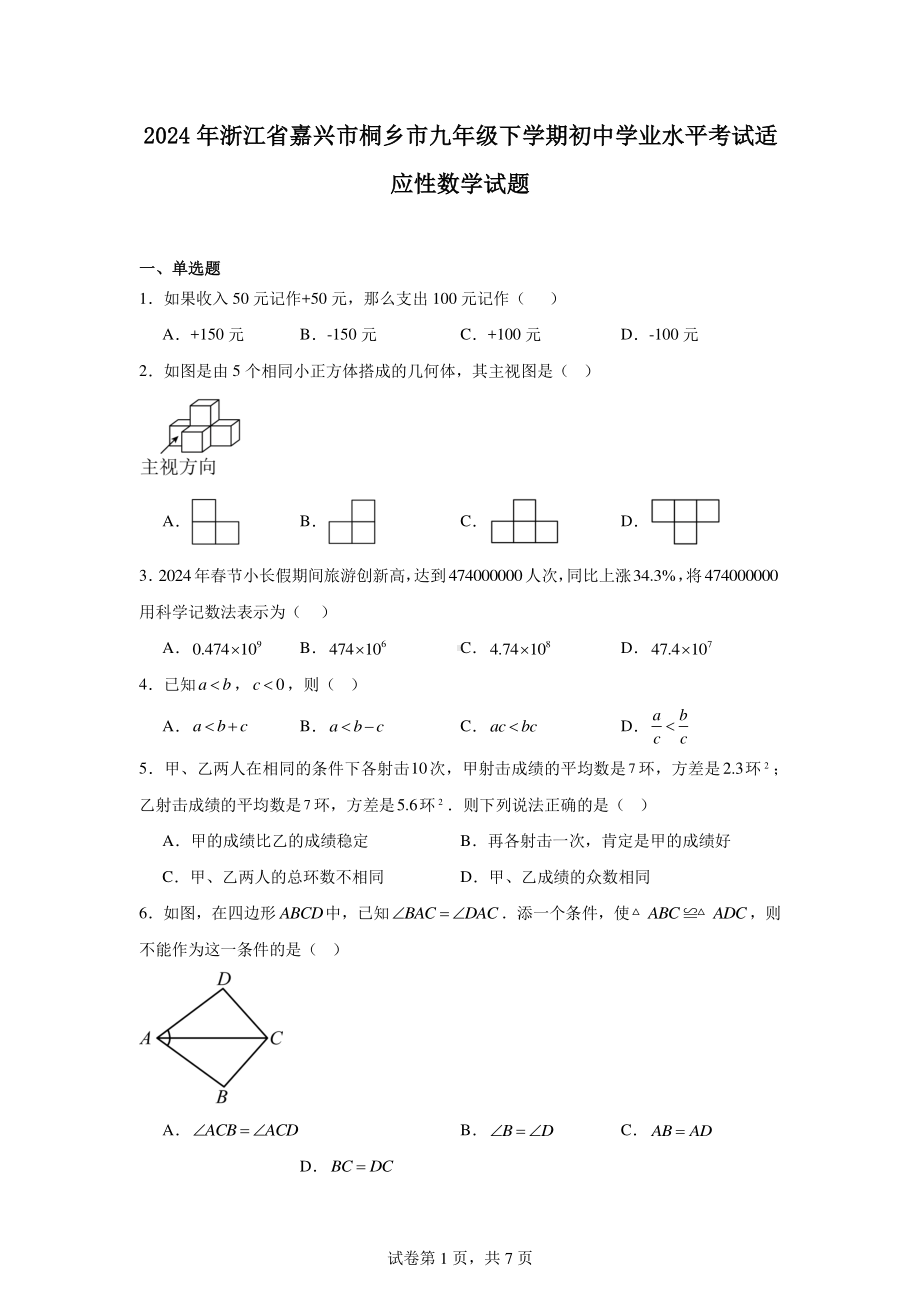 2024年浙江省嘉兴市桐乡市九年级下学期初中学业水平考试适应性数学试题.pdf_第1页