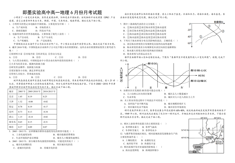 山东省青岛市即墨实验高级中学2023-2024学年高一下学期6月月考地理试题.docx_第1页