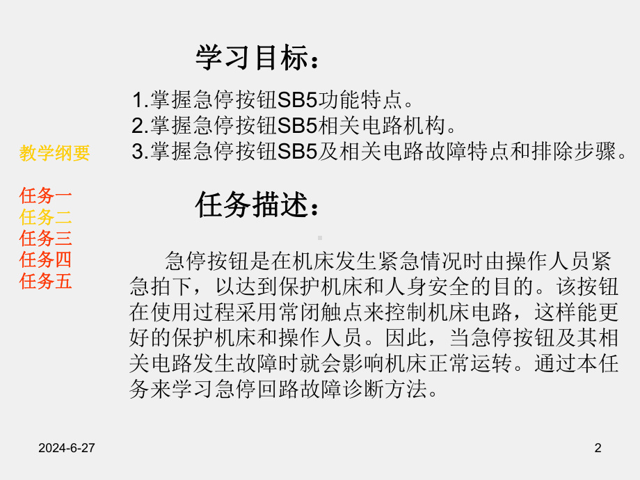 《数控机床电气故障诊断与维修》项目二任务二急停按钮SB5电路故障诊断与维修.pptx_第2页