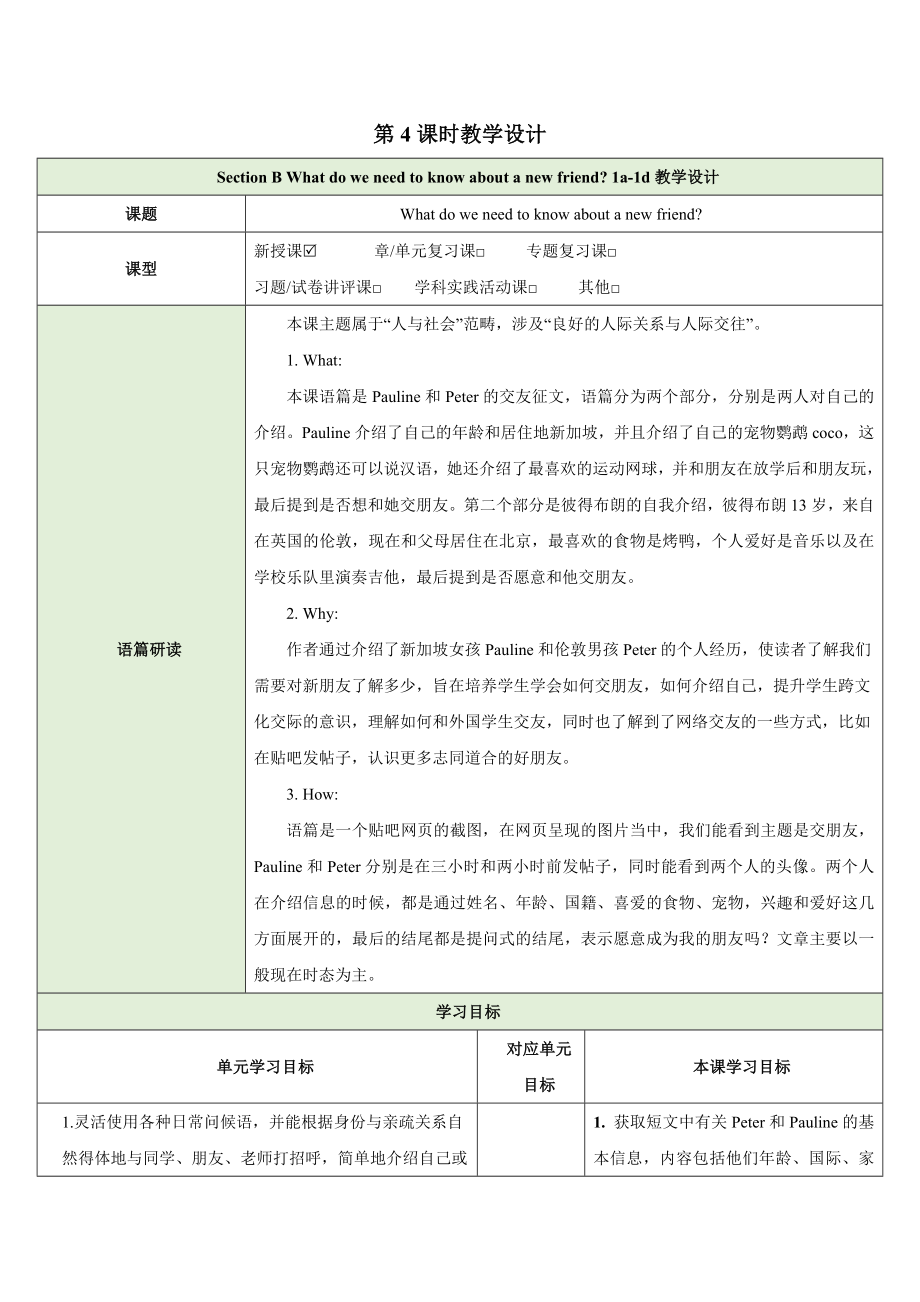 Unit 1 You and Me Section B What do we need to know about a new friend 1a-1d（教学设计）)-2024新人教版七年级上册《英语》.docx_第1页