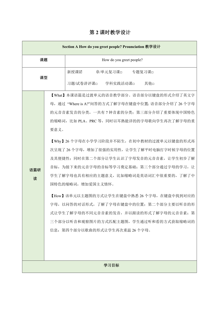 Starter Unit 1 Hello Section A 教学设计（表格式）-2024新人教版七年级上册《英语》.docx_第1页