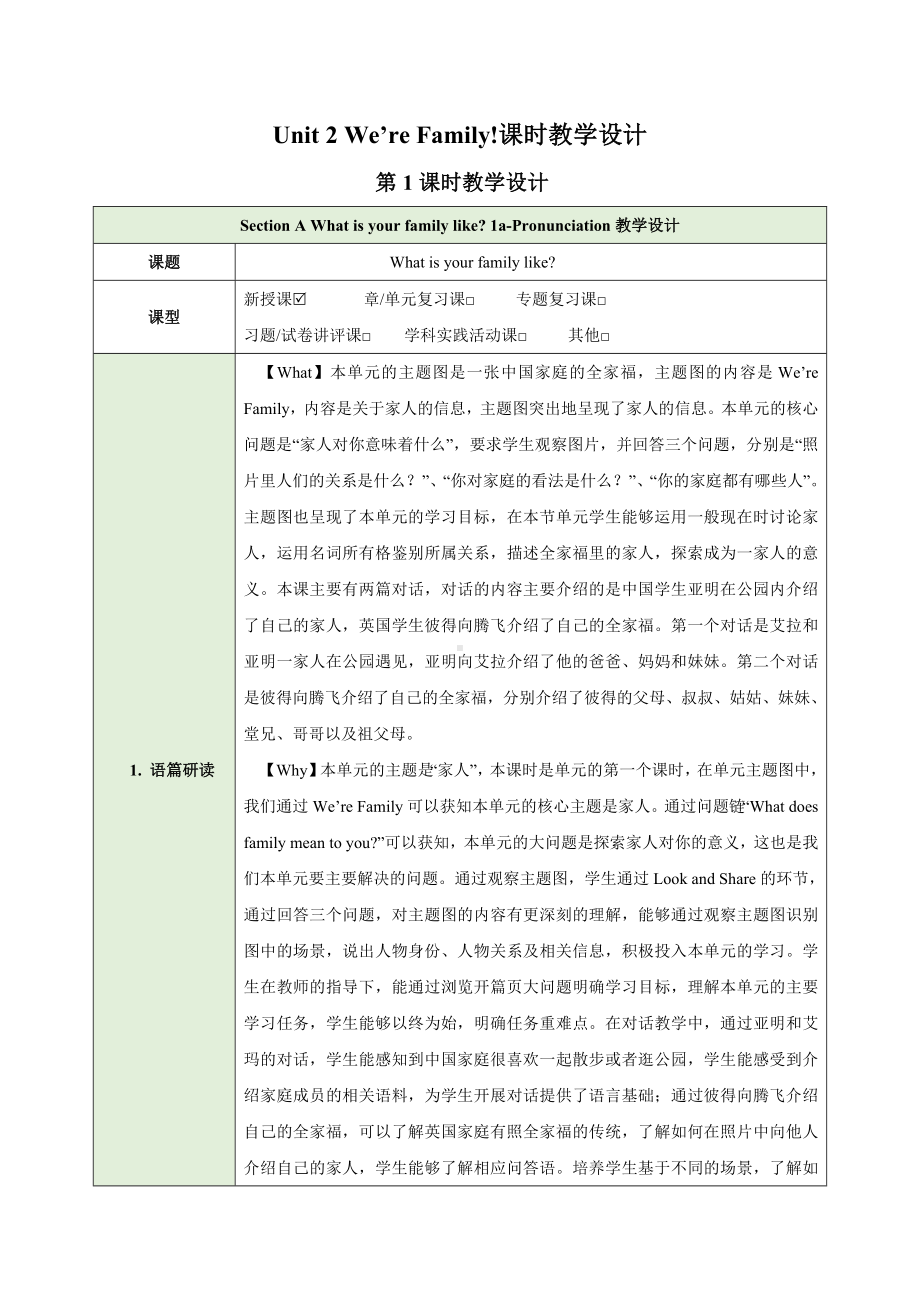 Unit 2 We're Family Section A What is your family like 1a-Pronunciation（教学设计）（表格式）-2024新人教版七年级上册《英语》.docx_第1页