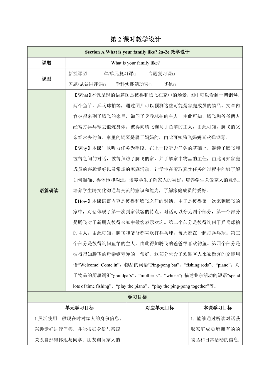 Unit 2 We're Family Section A What is your family like 2a-2e（教学设计）-2024新人教版七年级上册《英语》.docx_第1页