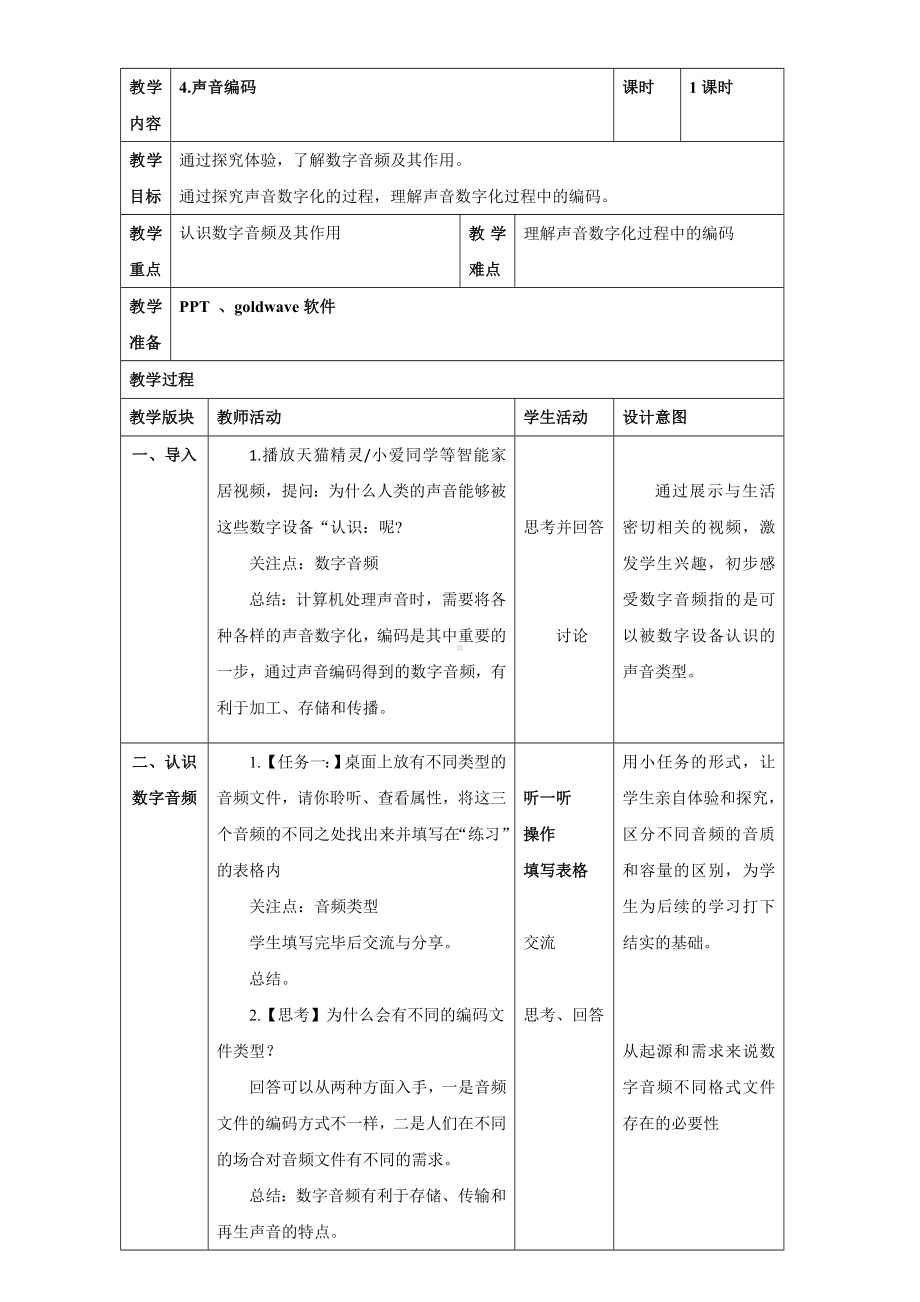 第4课《声音编码》教案（表格式）-2024新浙教版四年级下册《信息科技》.doc_第1页