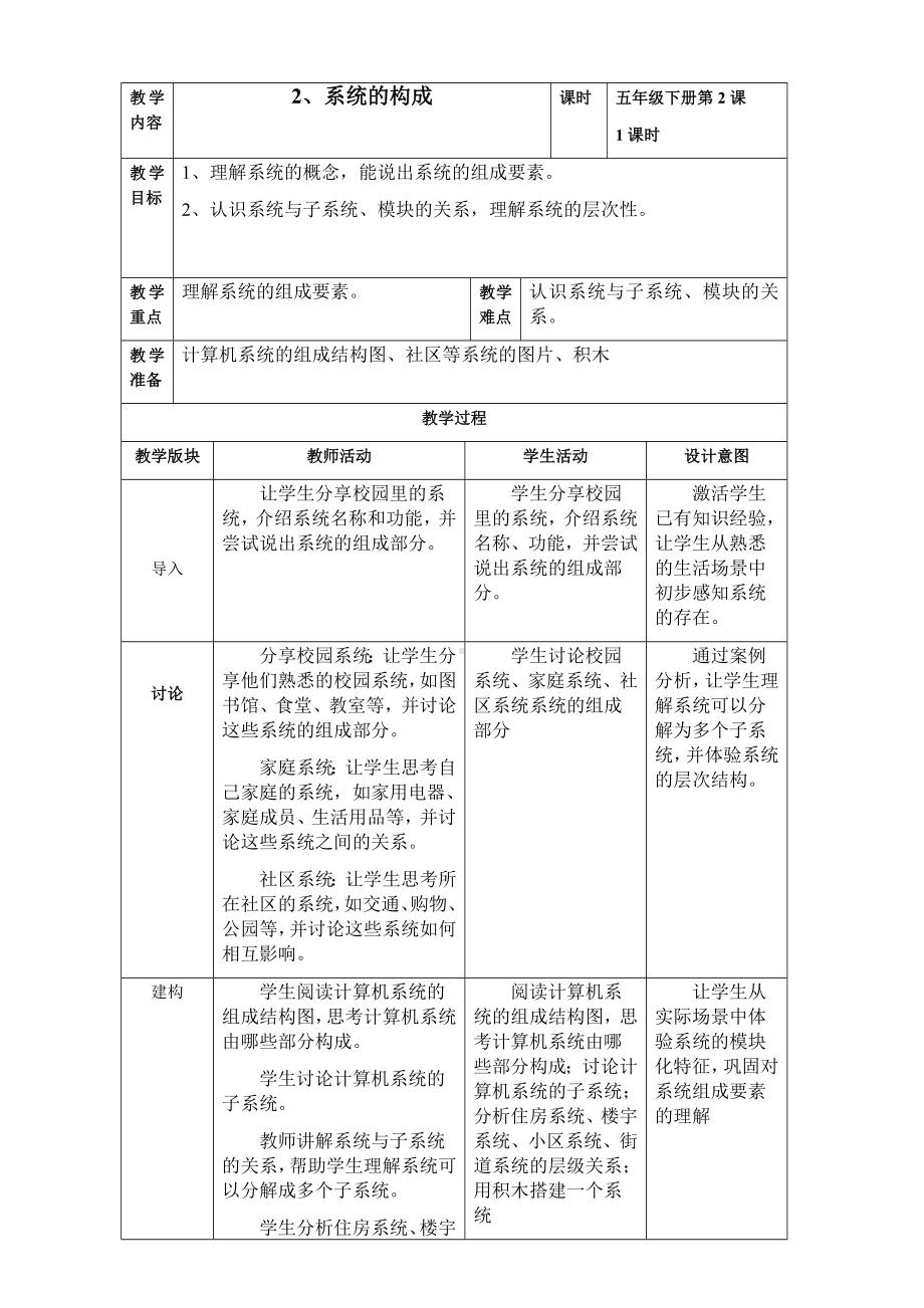 第2课 系统构成 教案（表格式）-2024新浙教版五年级下册《信息科技》.docx_第1页