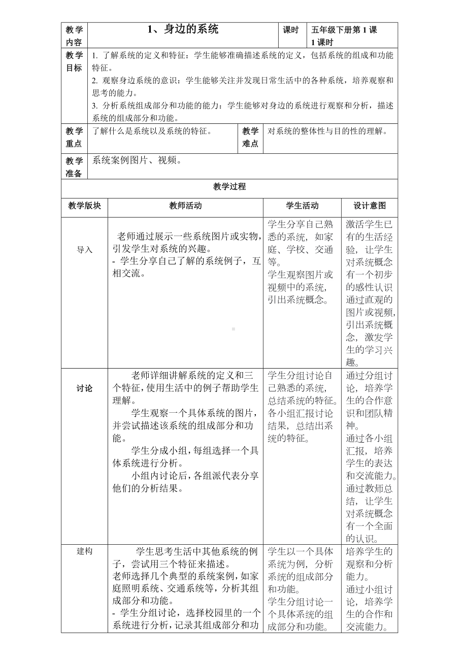 第1课 身边的系统 教案（表格式）-2024新浙教版五年级下册《信息科技》.doc_第1页